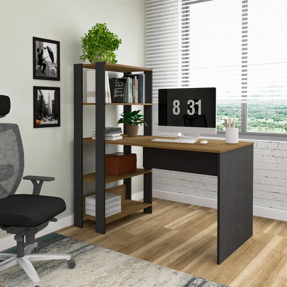 Escrivaninha com Estante Match - Pinho C / Preto