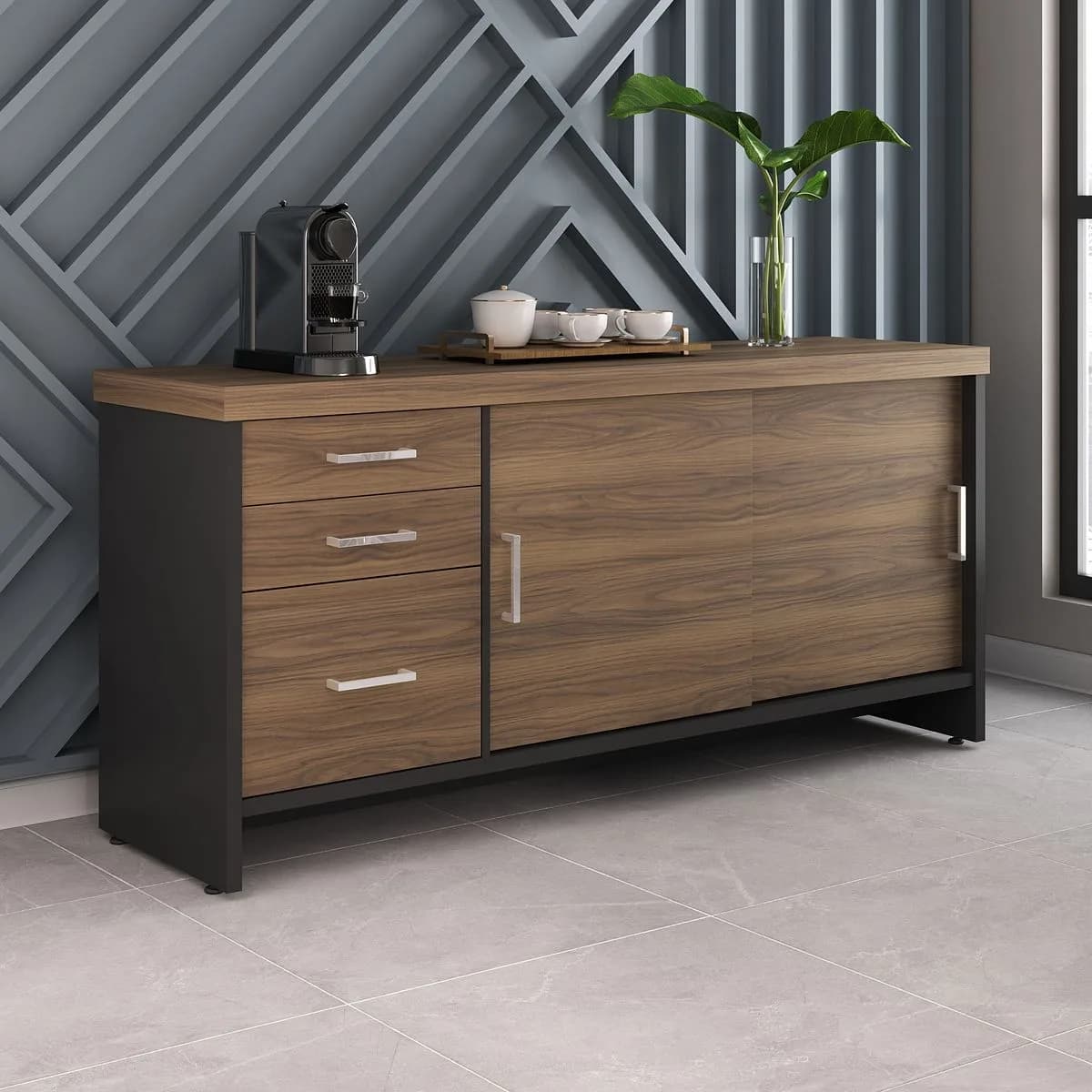 Balcão Tamburato com Gavetas - Nogal/Preto - Móveis Curitiba | Moveirama