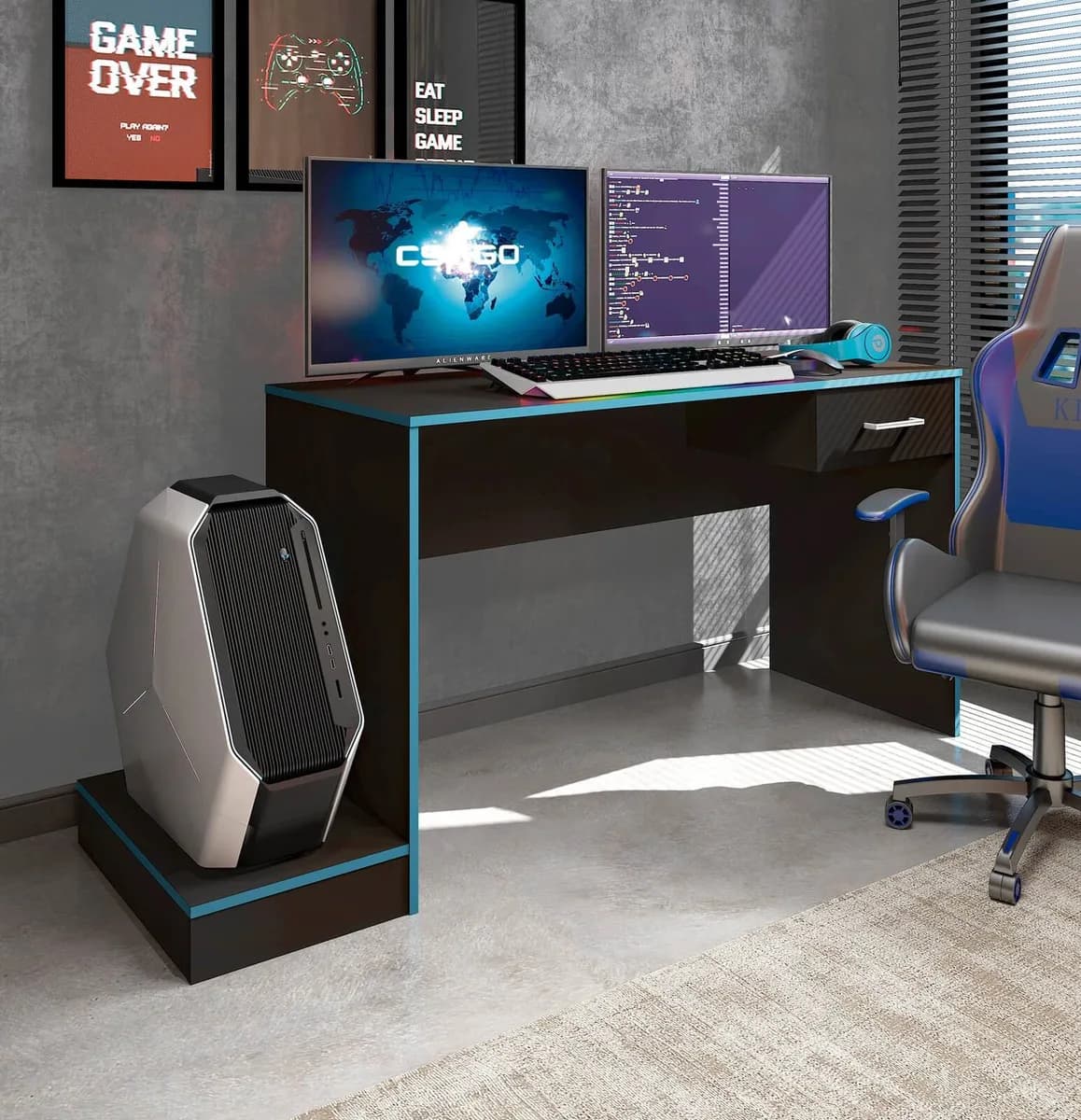 Escrivaninha Gamer - Preto C / Azul