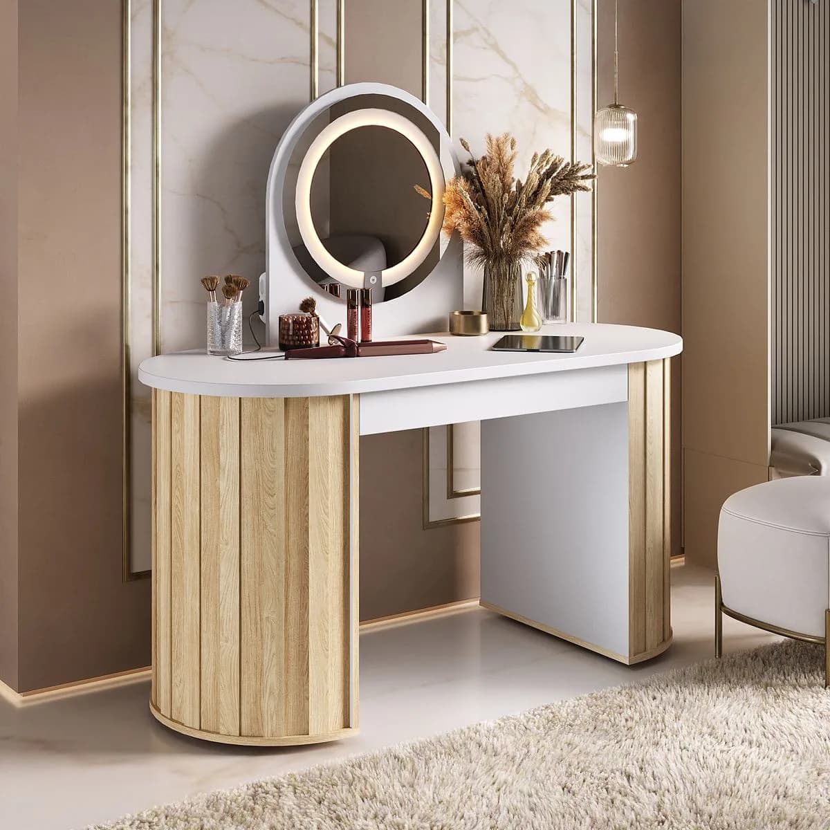 Escrivaninha Penteadeira com LED Glamour - Carvalho C / Branco - Móveis Curitiba | Moveirama