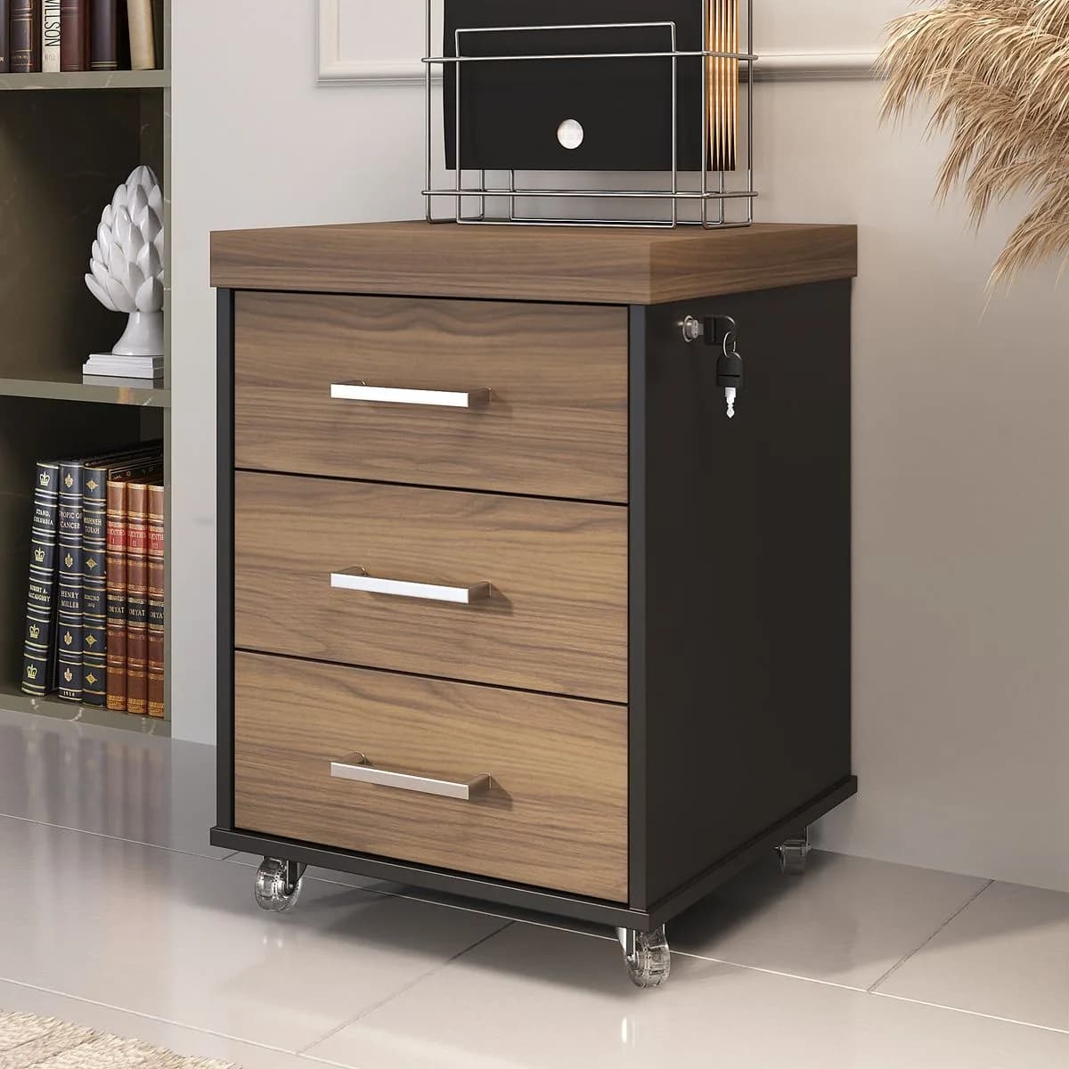 Gaveteiro Tamburato 3 Gavetas - Nogal/Preto - Móveis Curitiba | Moveirama