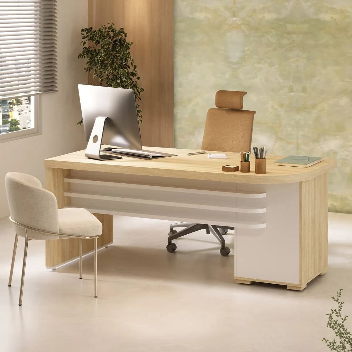 Mesa Tamburato com Gavetas LD - Carvalho/Branco