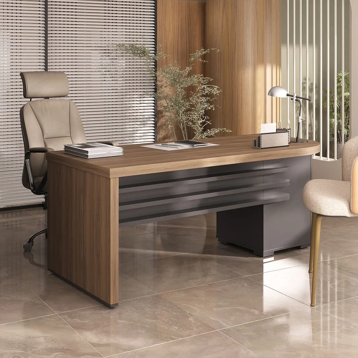 Mesa Tamburato com Gavetas LE - Nogal/Preto - Móveis Curitiba | Moveirama